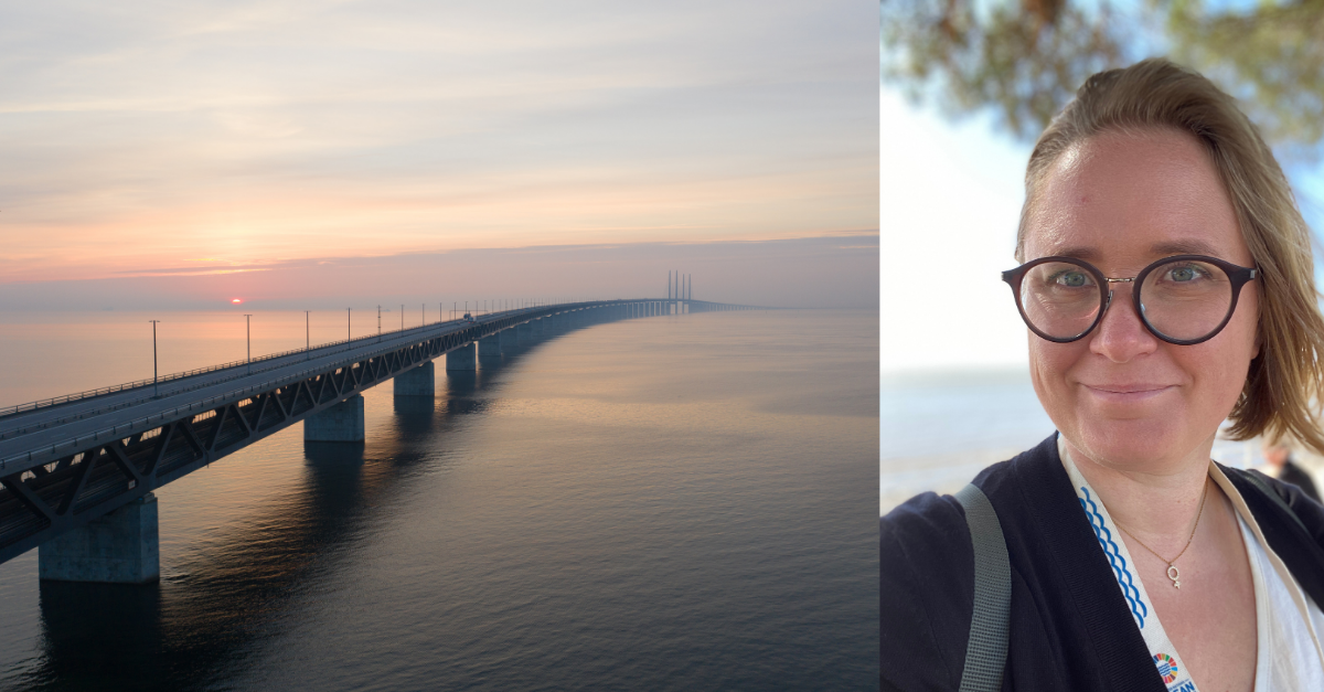 Bild på Öresundsbron i dimma. Tillsammans med en bild på artikel författaren