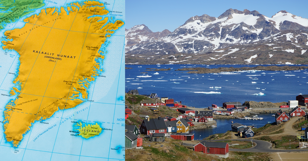 En karta över Grönland och en bild på en hus med berg i bakgrunden på Grönland